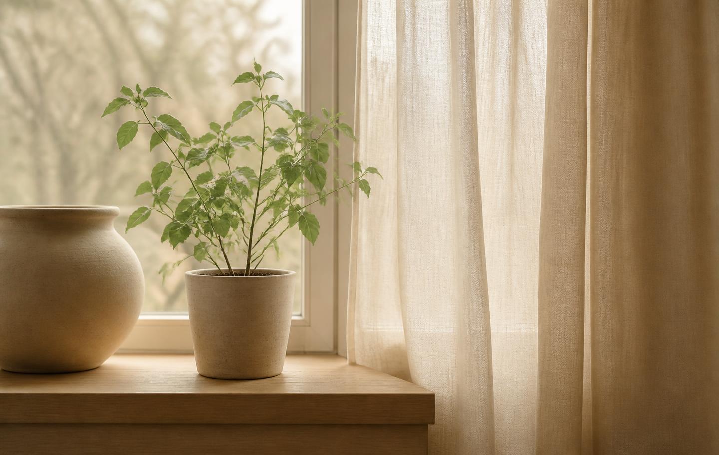 Nuori vehreä kasvi vaaleassa ruukussa tammisella ikkunalaudalla