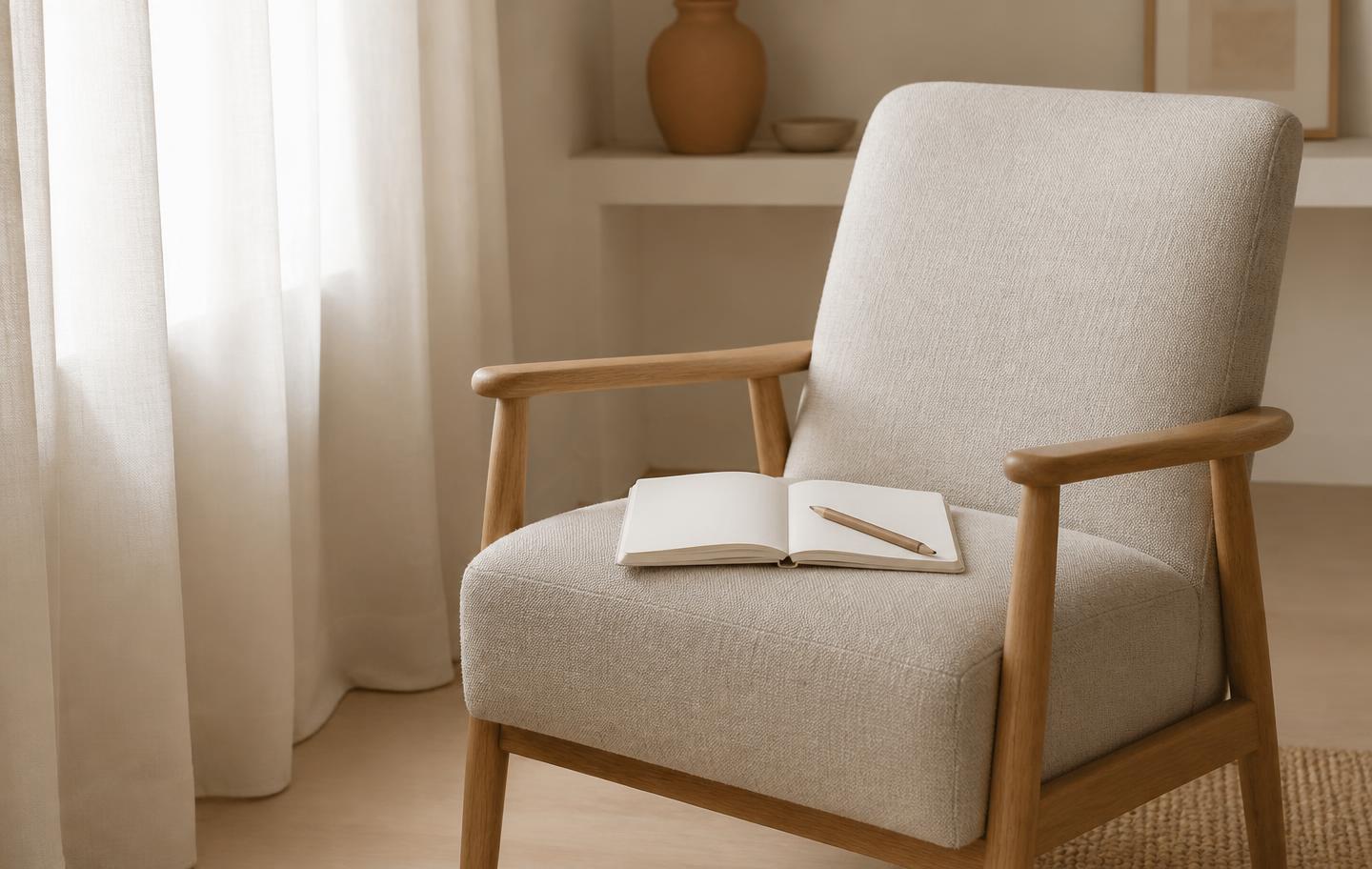 Tyhjä pellavainen nojatuoli ikkunan äärellä, istuimella avoin muistikirja