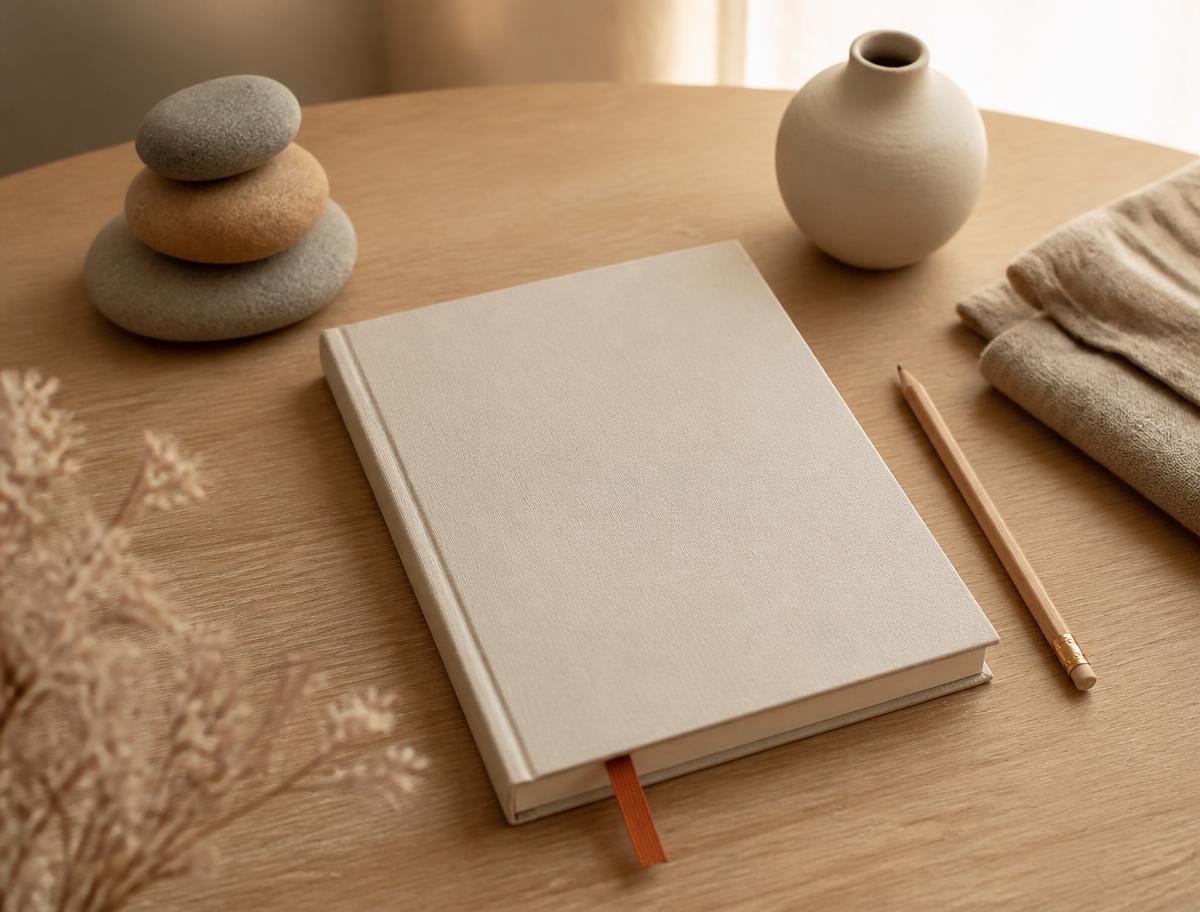 Vaalea työkirja, tasapainokivet ja pellavaa tammipöydällä – Nervous System Reset Workbook -kansikuva